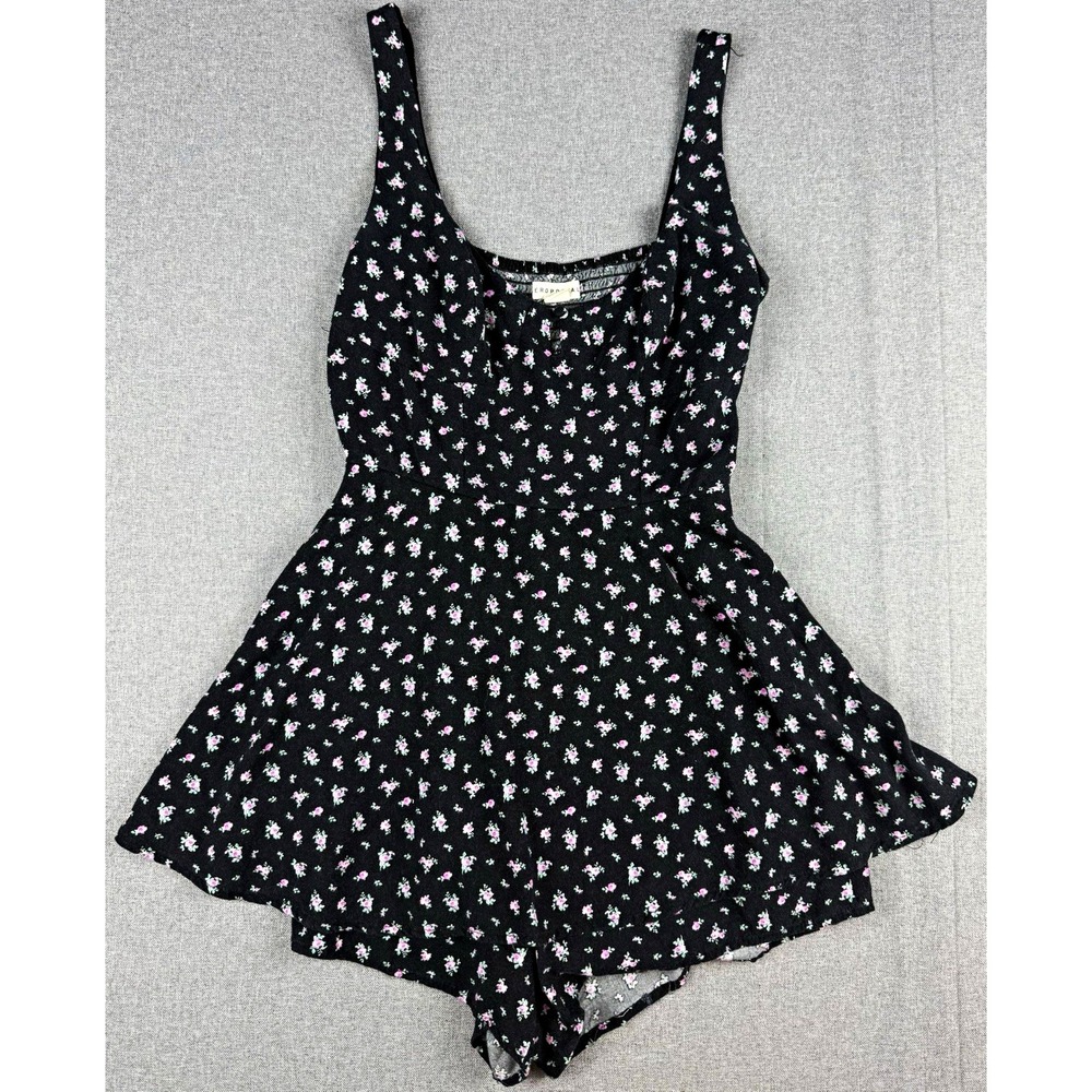 Aeropostale Floral Romper Dress Womens XS Black Pink Sleeveless Fit Flare